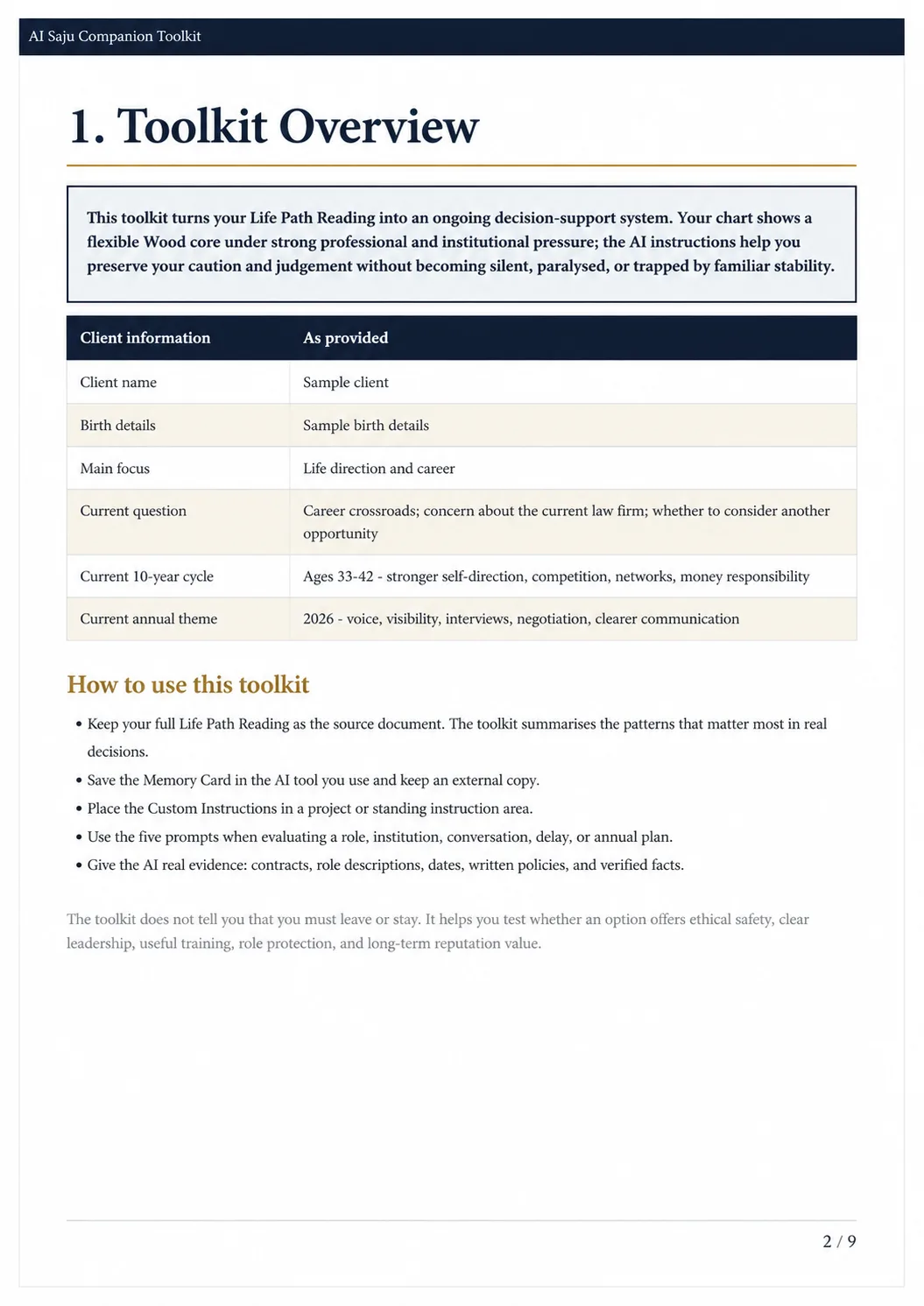 AI Saju Companion Toolkit overview sample with anonymised sample client details — page 2 of 9