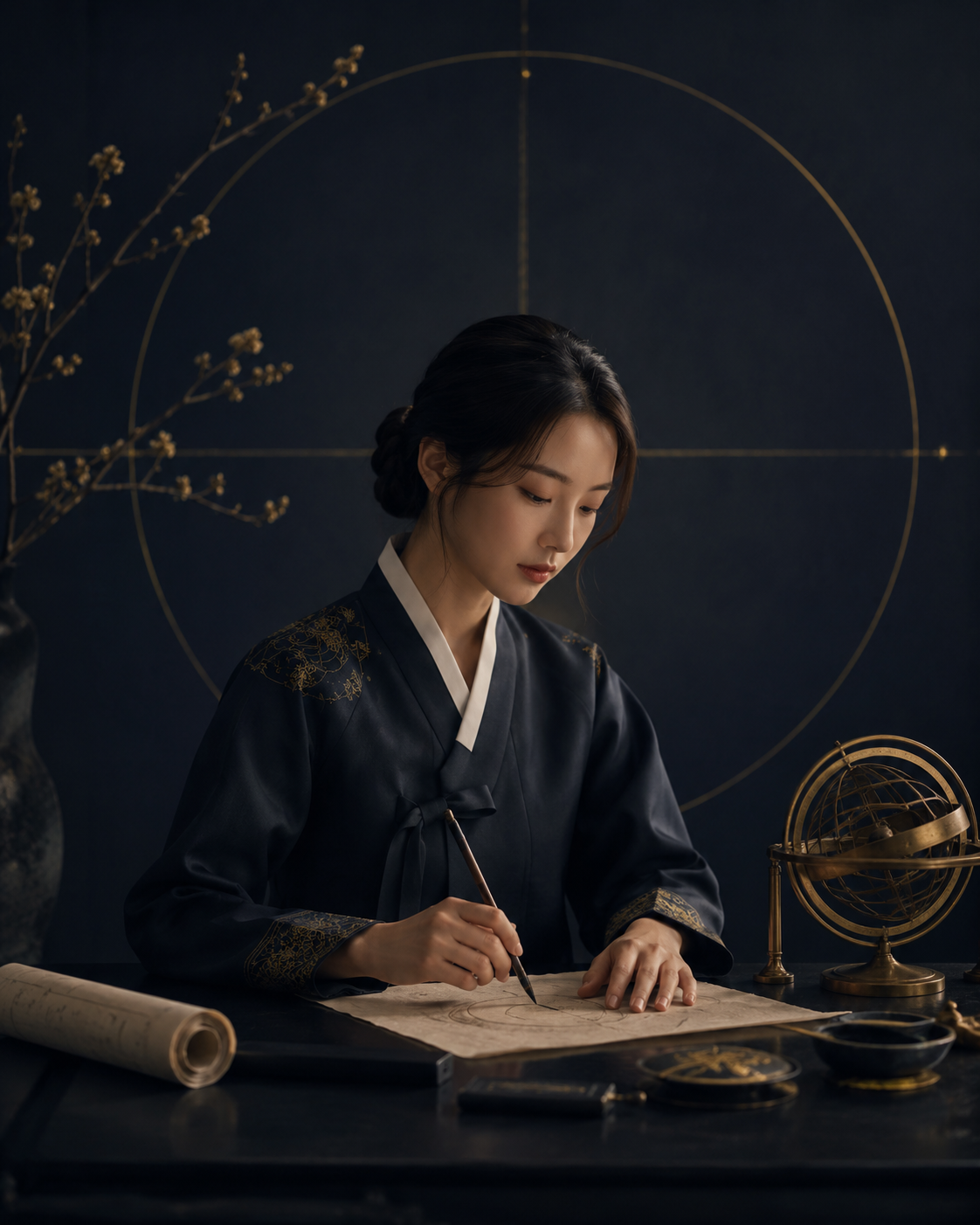 Korean Saju reader writing at a desk