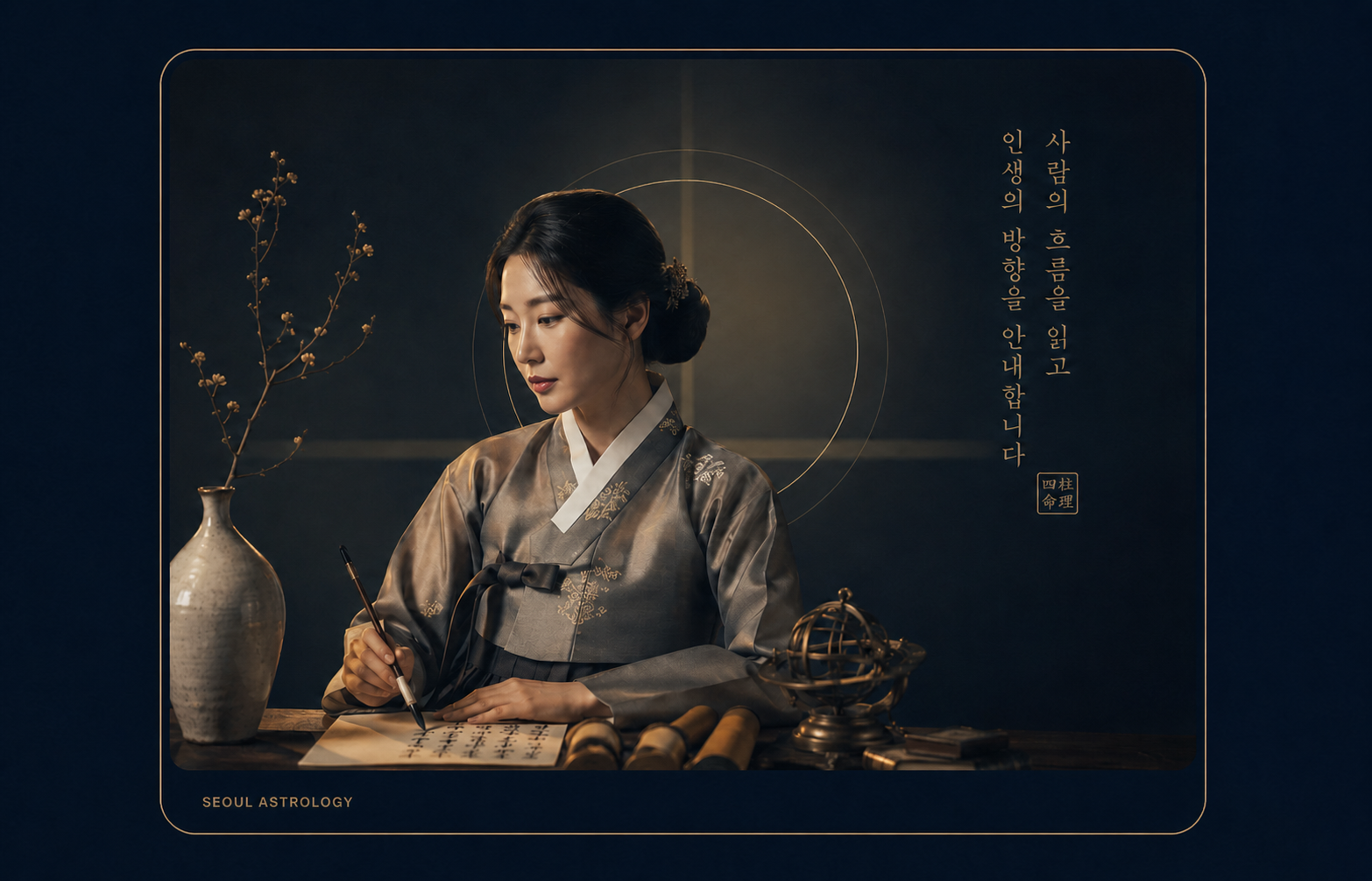 Stylised Seoul Astrology editorial artwork of a traditional Saju writing desk